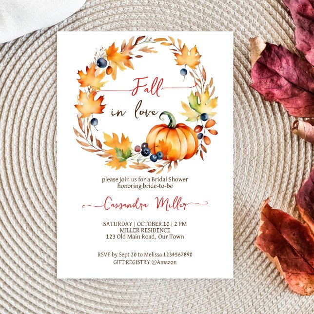 Convites Apaixonado folhas de abóbora chá de panela (Fall in love bridal shower template invitation digital download pumpkin maple leaves berries wreath)