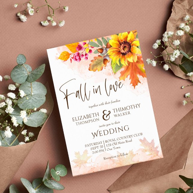 Convites Apaixonado pelo casamento de girassol no outono (Fall in love autumn wedding invitation template instant download watercolor fall foliage sunflowers)