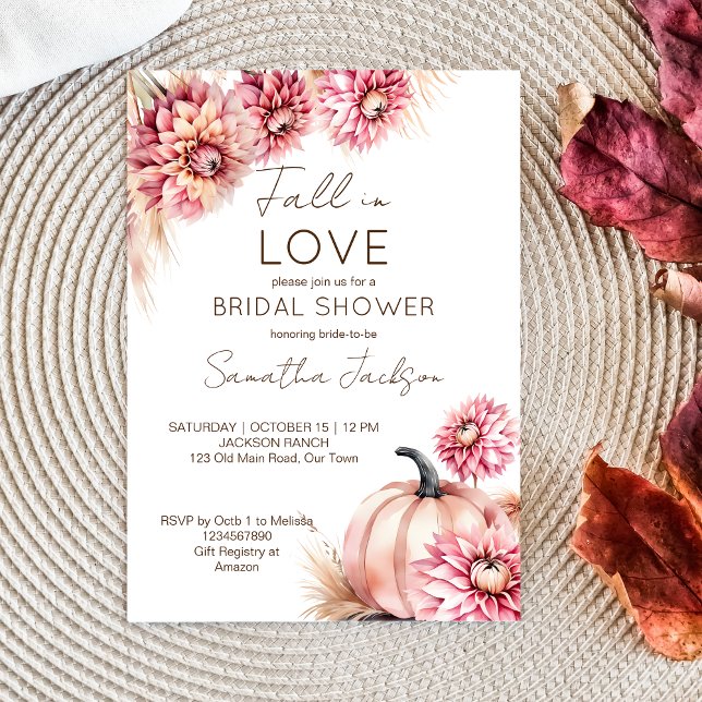 Convites Apaixonado pelo chá de panela de boho bompkin dahl (Fall in love bridal shower template invitation earthy boho desert pink pumpkins and dahlias pampas)