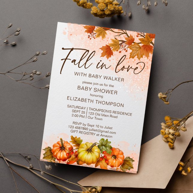 Convites Apaixonado por chá de fraldas de abóbora de folhag (Fall in love baby shower template invitation watercolor pumpkins autumn foliage maple leaves)