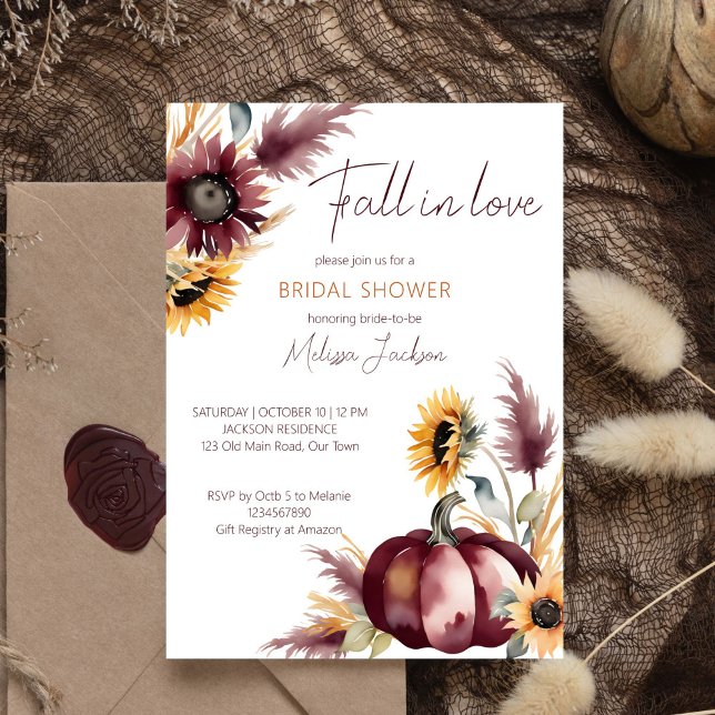 Convites Apaixonado por chá de panela de girassol de boho-a (Fall in love boho bridal shower template invitation digital download burgundy pumpkins sunflowers)