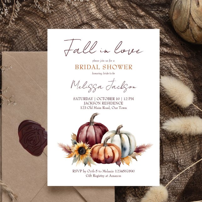 Convites Apaixonado por chá de panela de girassol de boho-a (Fall in love burgundy pumpkins sunflowers bridal shower template invitation digital download autumn)