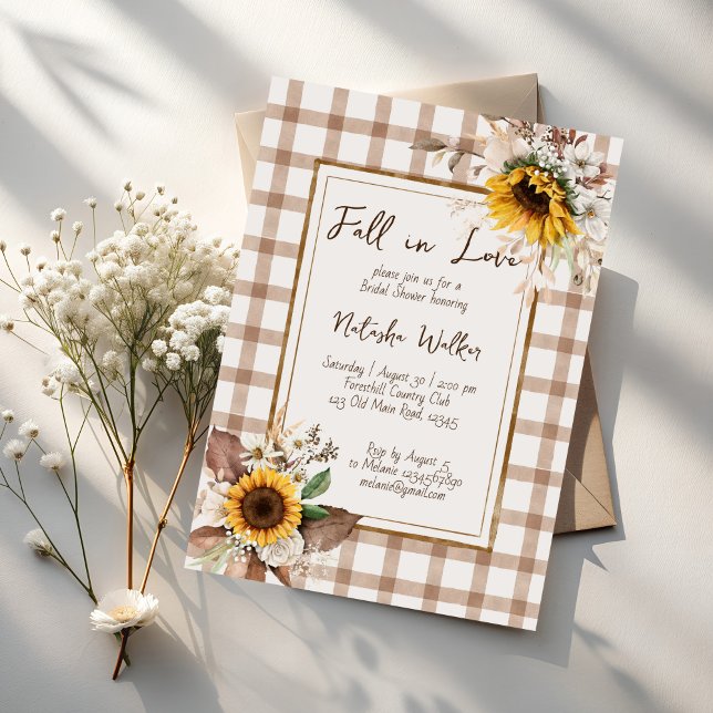 Convites Apaixonado por girassóis chá de panela (Fall in love sunflowers terracotta gingham country bridal shower invitation cards template)