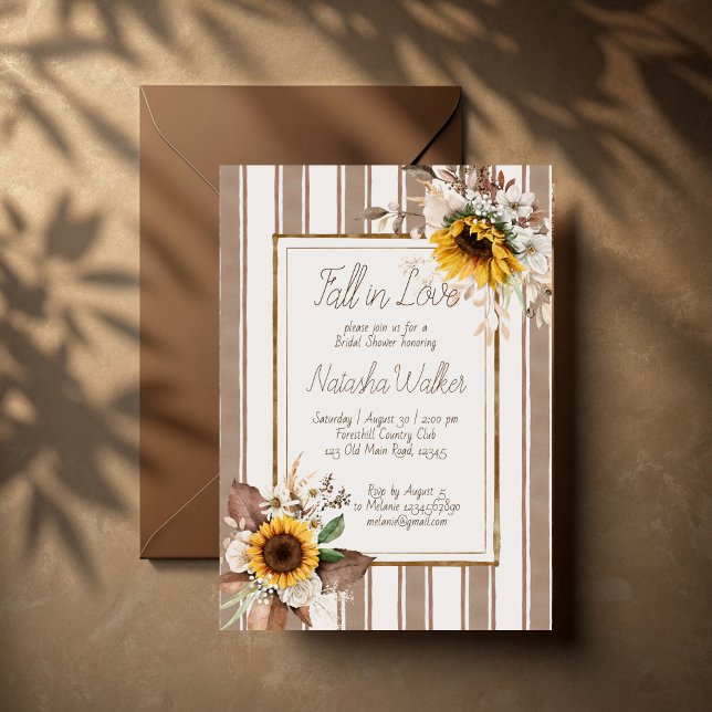 Convites Apaixonado por girassóis chá de panela de faixa ca (Fall in love sunflowers brown stripes bridal shower invitation template terracotta retro invites)