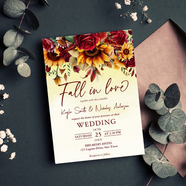 Convites Apaixonado por rosas de louro e girassol casamento (Fall in love burgundy roses sunflowers wedding invitation editable template instant download)