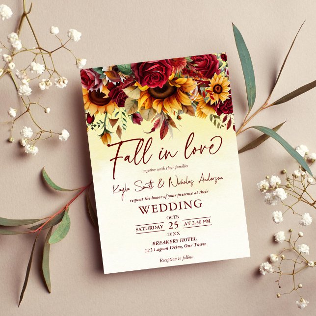 Convites Apaixonado por rosas de louro e girassol casamento (Fall in love autumn fall wedding invitation template watercolor burgundy roses sunflowers foliage)
