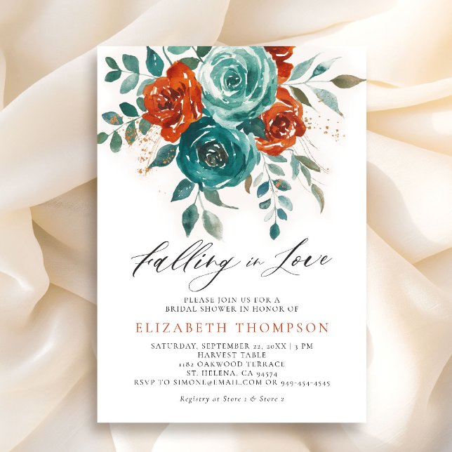 Convites Apaixonando Chá de panela Laranja Teal Queimado (falling in love bridal shower invitation teal burnt orange terracotta watercolor floral botanical)