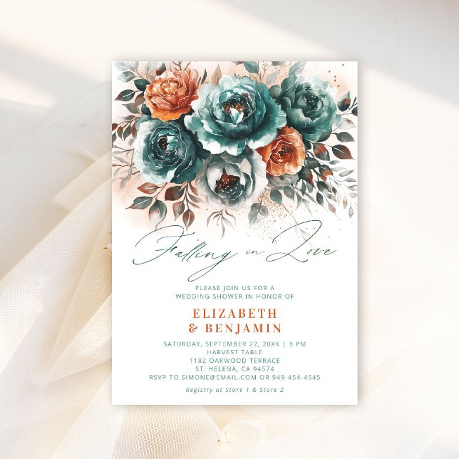 Convites Apaixonando Chá de panela moderno de Casamento Chi (falling in love wedding shower invitation teal burnt orange terracotta floral elegant modern romance)