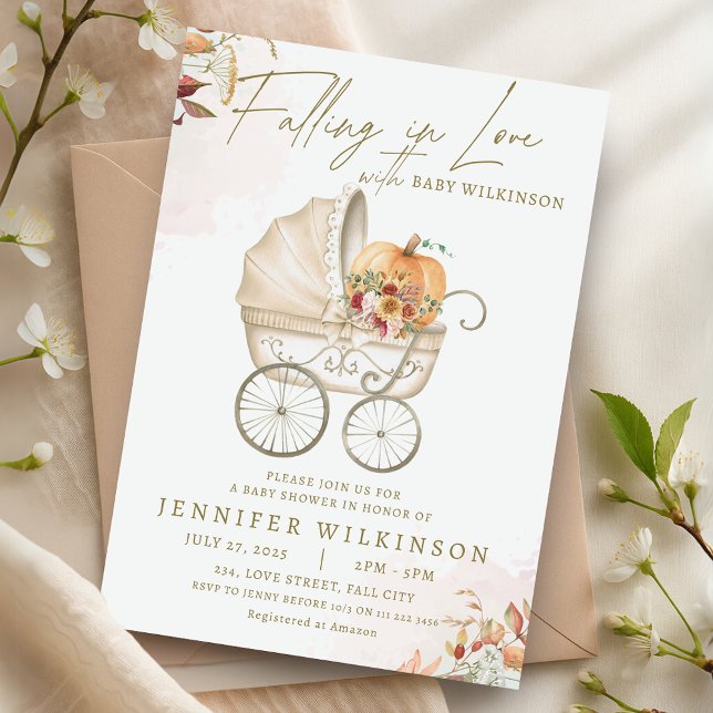 Convites Apaixonando Pumpkin Stroller de Chá de fraldas de  (Falling in Love Fall Baby Shower Pumpkin Stroller Invitation)