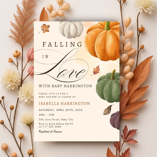 Convites Apaixonando - Queda do Chá de fraldas de abóbora (Falling in Love Fall Pumpkin Baby Shower Invitation)