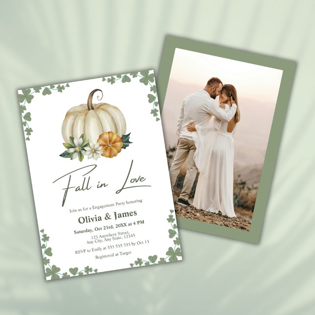 Convites Apaixonar a Festa de noivado verde da abóbora (Fall in Love Pumpkin Sage Green Engagement Party Invitation  )