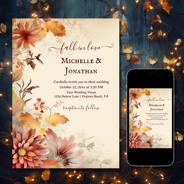 Convites Apaixonar Belo Casamento outono das Flores de Outo (Printed and Digital - Fall in Love Beautiful Autumn Flowers Fall Wedding Invitation)