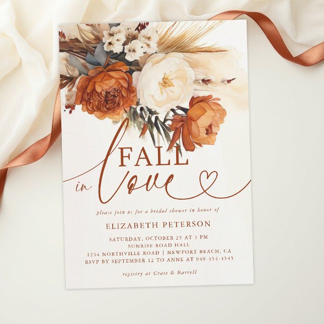 Convites Apaixonar-se Chá de Noiva Boho Pampas Terracota (fall in love bridal shower theme invitation card template terracotta copper boho pampas elegant chic)