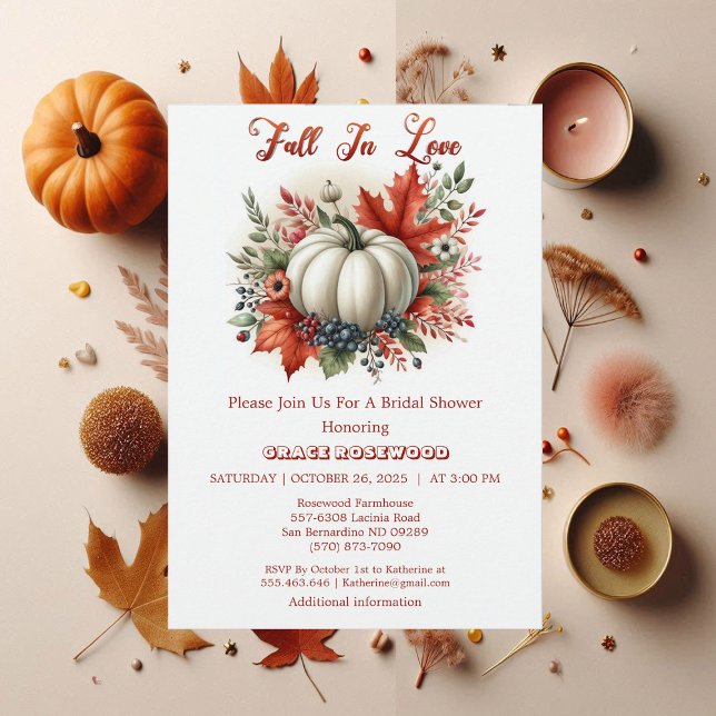 Convites Apaixonar-Se, Chá de panela Russo Da Pumpkin (Fall In Love White Pumpkin Botanical Boho Rustic Invitation)