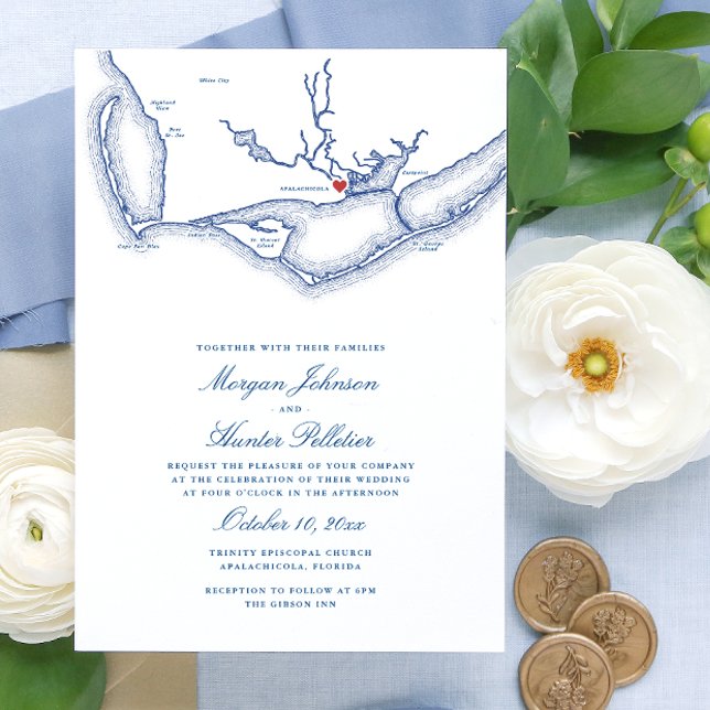 Convites Apalachicola FL Mapa Casamento Elegante de Marinho (Apalachicola Wedding Invitation with Elegant navy blue Florida map from Coastal Map Designs)