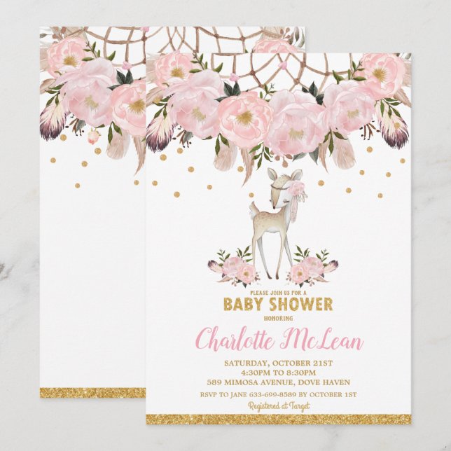 Convites Apanhador de Sonhos Floral Deer Festa de Bebê Boho (Frente/Verso)