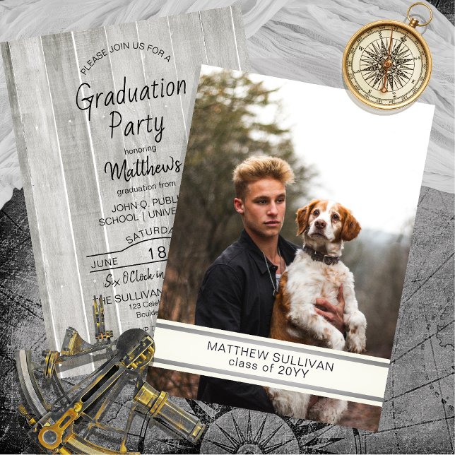 Convites Aparência Moderna de Madeira | Festa de Formatura  (Modern Wood Look One Photo High School Graduation Announcement | Party Invitation - Print Download)