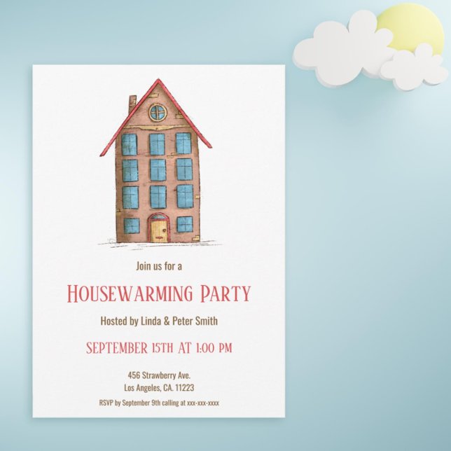 Convites Apartamento Fúcil Construindo Novo Aquecimento Dom (Simple housewarming party invitation with an illustration of an apartment building)