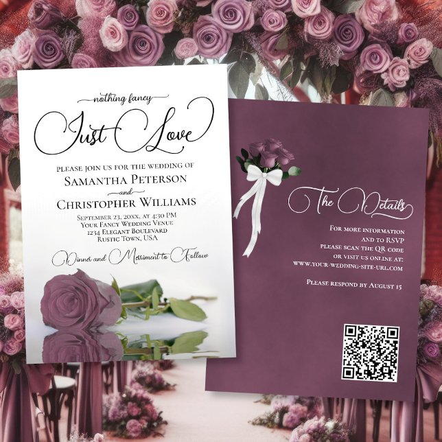 Convites Apenas Ame Casamento de Código QR com Rosa Mauve D (Front/Back)