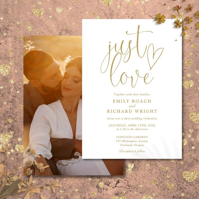 Convites Apenas ame o elegante script foto dourado casament (Just Love Elegant Script Photo Gold Wedding Invitation)