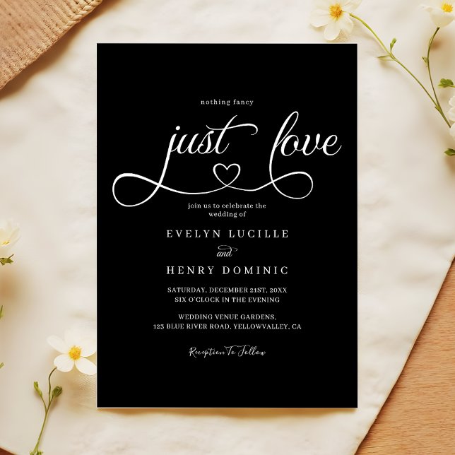 Convites Apenas Amor Coração Script Casamento Preto Elegant (Criador carregado)