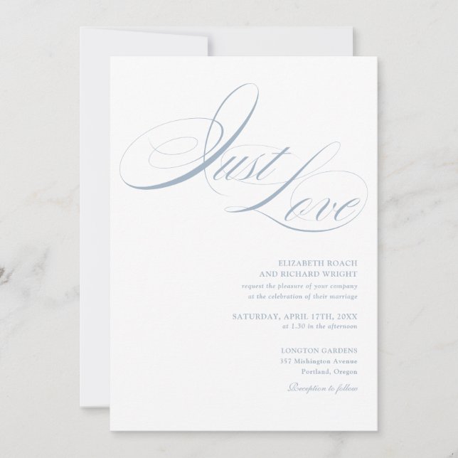 Convites Apenas Amor Elegante Moderno Script Casamento Azul (Frente)