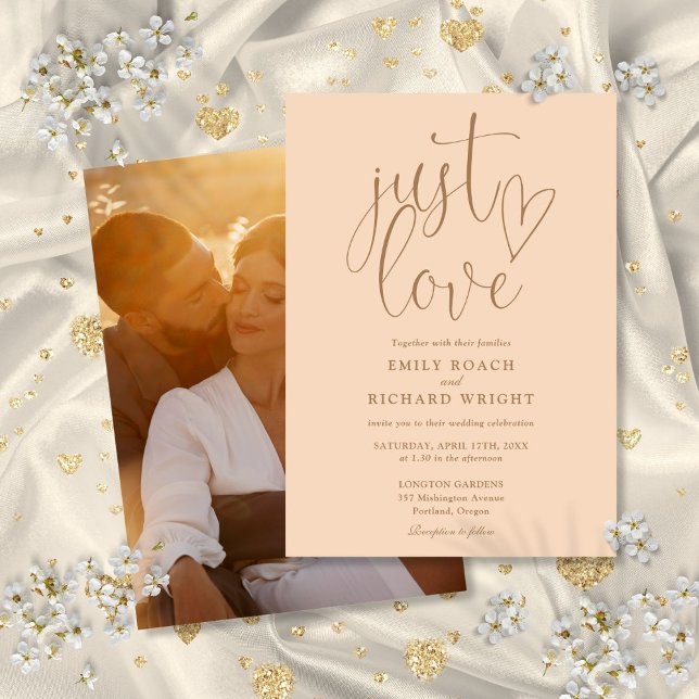 Convites Apenas Amor Elegante Script Foto Rosa Suave Casame (Just Love Elegant Script Photo Soft Peach Wedding Invitation)
