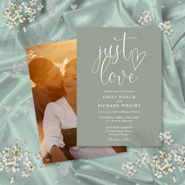 Convites Apenas Amor Elegante Script Foto Verde Sage Casame (Just Love Elegant Script Photo Sage Green Wedding Invitation)