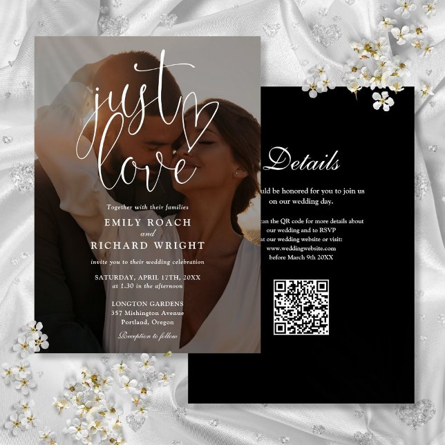 Convites Apenas Amor Moderno Código QR Foto Casamento (Just Love Modern Script QR Code Photo Wedding Invitation)