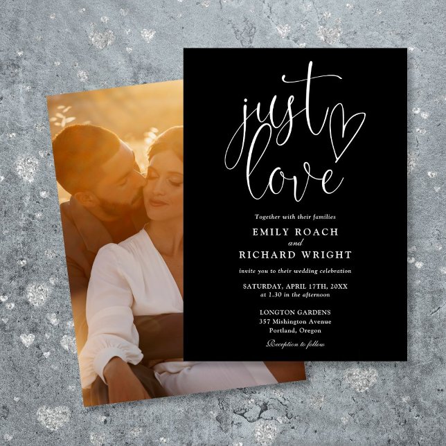 Convites Apenas Amor Script Foto Preto e Branco Casamento (Just Love Script Photo Black And White Wedding Invitation)
