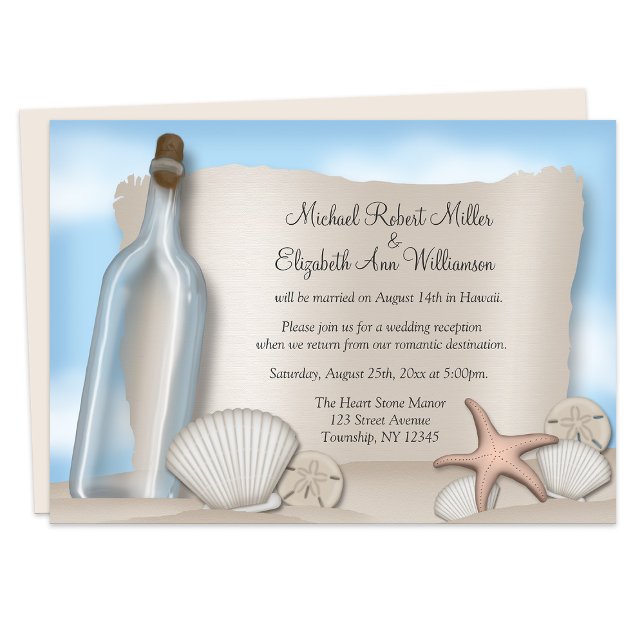 Convites Apenas para Recepção na Praia da Garrafa  (Message Bottle Beach Reception Only Invitations from Starzraven on Zazzle. Digital option available.)