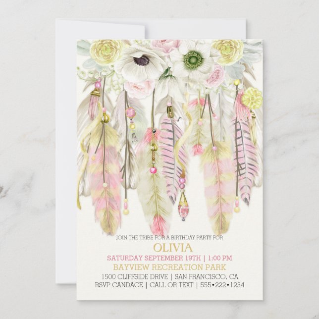 Convites Apoanhador de Sonhos Boho Penas Cristais Rosa Amar (Frente)