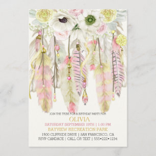 Convites Apoanhador de Sonhos Boho Penas Cristais Rosa Amar