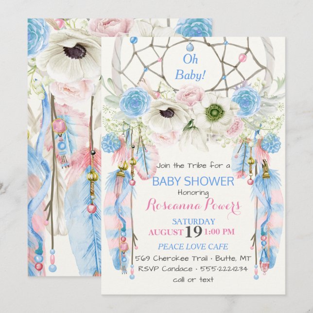 Convites Apoio de Sonho Boho Penas Azul & Rosa (Frente/Verso)