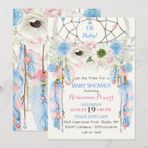 Convites Apoio de Sonho Boho Penas Azul & Rosa