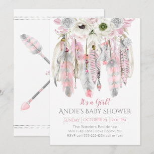 Convites Apoio de Sonho Cinza Rosa com Penas Florais e Flec