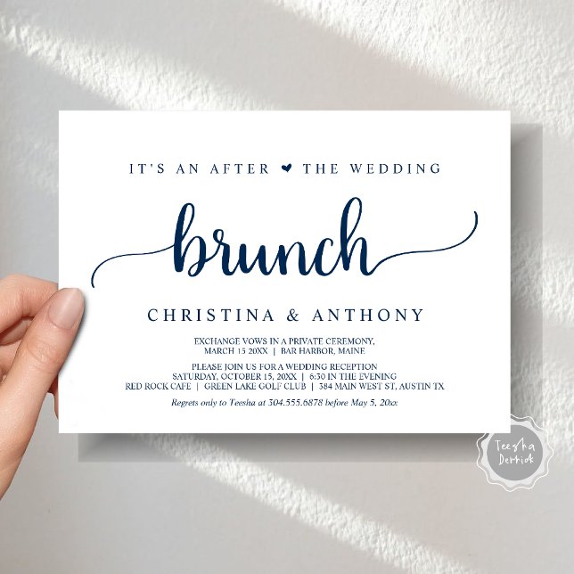 Convites Após O Brunch De Casamento, Convidado Rustic Elope (After The Wedding Brunch, Elopement Invitation Card, Rustic Script in Navy Blue.)