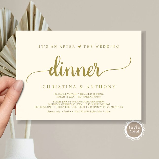 Convites Após O Janto De Casamento, Elopemento Russo (It's An After The Wedding Dinner, Elopement Invitation Card, Modern Rustic Script in Classy Gold.)