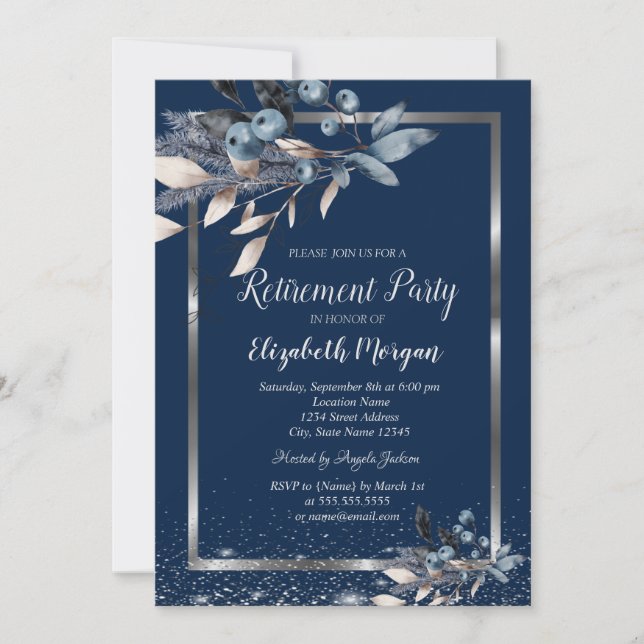 Convites Aposentação das Flores de Inverno de Prata Confett (Frente)
