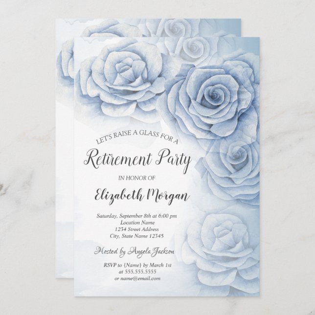 Convites Aposentação de Flores Azuis Elegante de Aquarela (Frente/Verso)