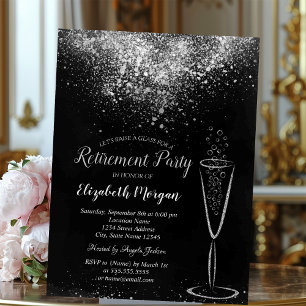 Convites Aposentação Preta de Vidro de Confetti Silver Eleg