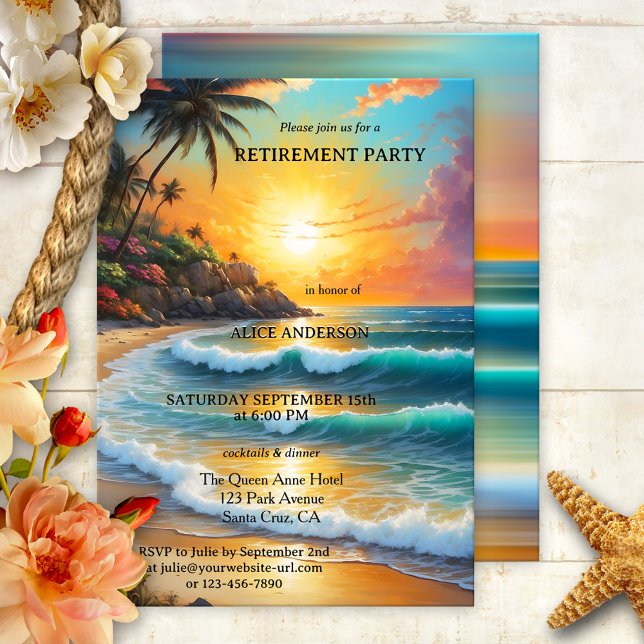 Convites Aposentação Solar na Praia Tropical Colorida (Retirement party invitation featuring a colorful sunset on a tropical beach - travel - nautical)