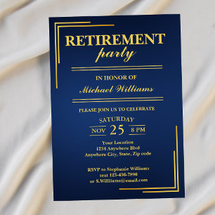 Convites Aposentadoria Corporativa Elegante Azul Dourado