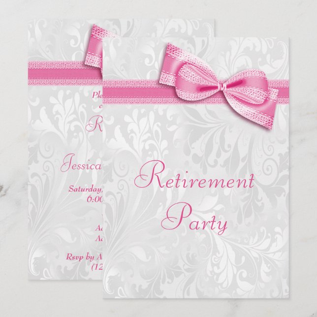 Convites Aposentadoria de Rosa Damask e Laço Falso (Frente/Verso)