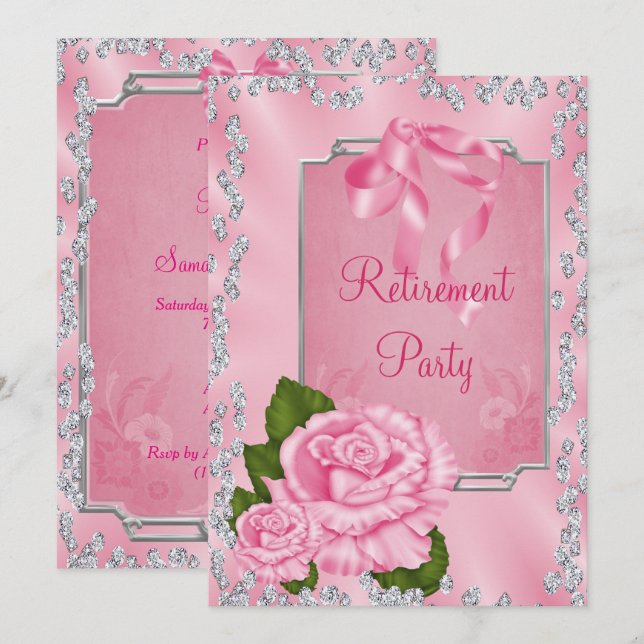 Convites Aposentadoria de Rosas Cor-de-Rosa Românticas & La (Frente/Verso)