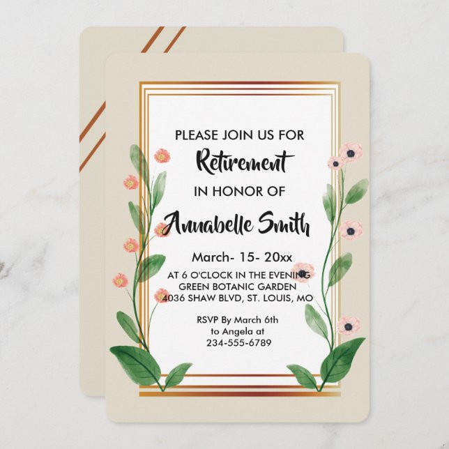 Convites Aposentadoria     sofisticada e elegante (Frente/Verso)