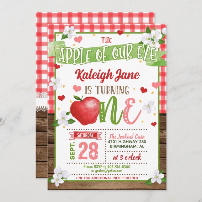 Convites Apple First Birthday Invitation - Apple of Our Eye (Frente/Verso)