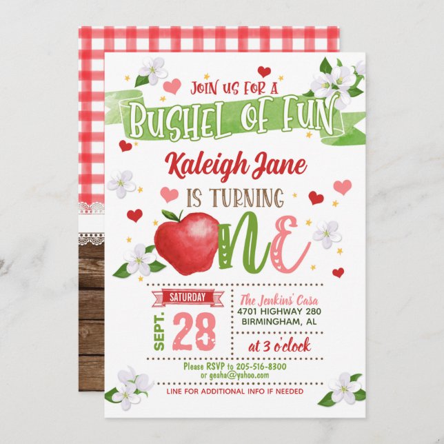 Convites Apple First Birthday Invitation - Bushel da Divers (Frente/Verso)