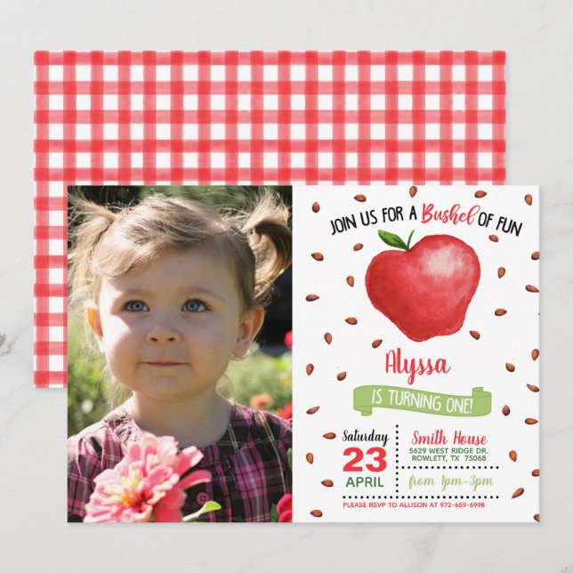 Convites Apple First Birthday Invitation w/Photo (Frente/Verso)