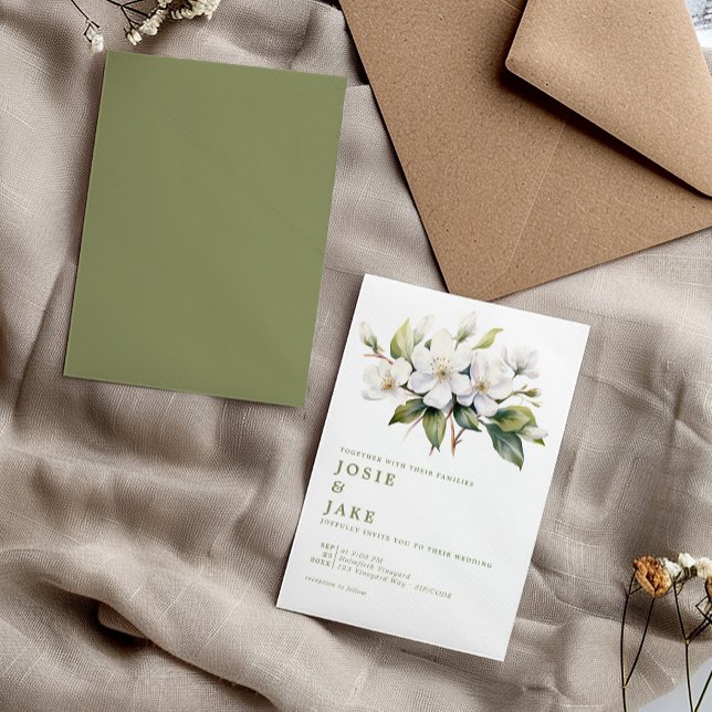 Convites Apple floresce flores brancas ilustração casamento (Elaborate apple blossoms white flowers illustration, muted watercolor wedding invitation.)